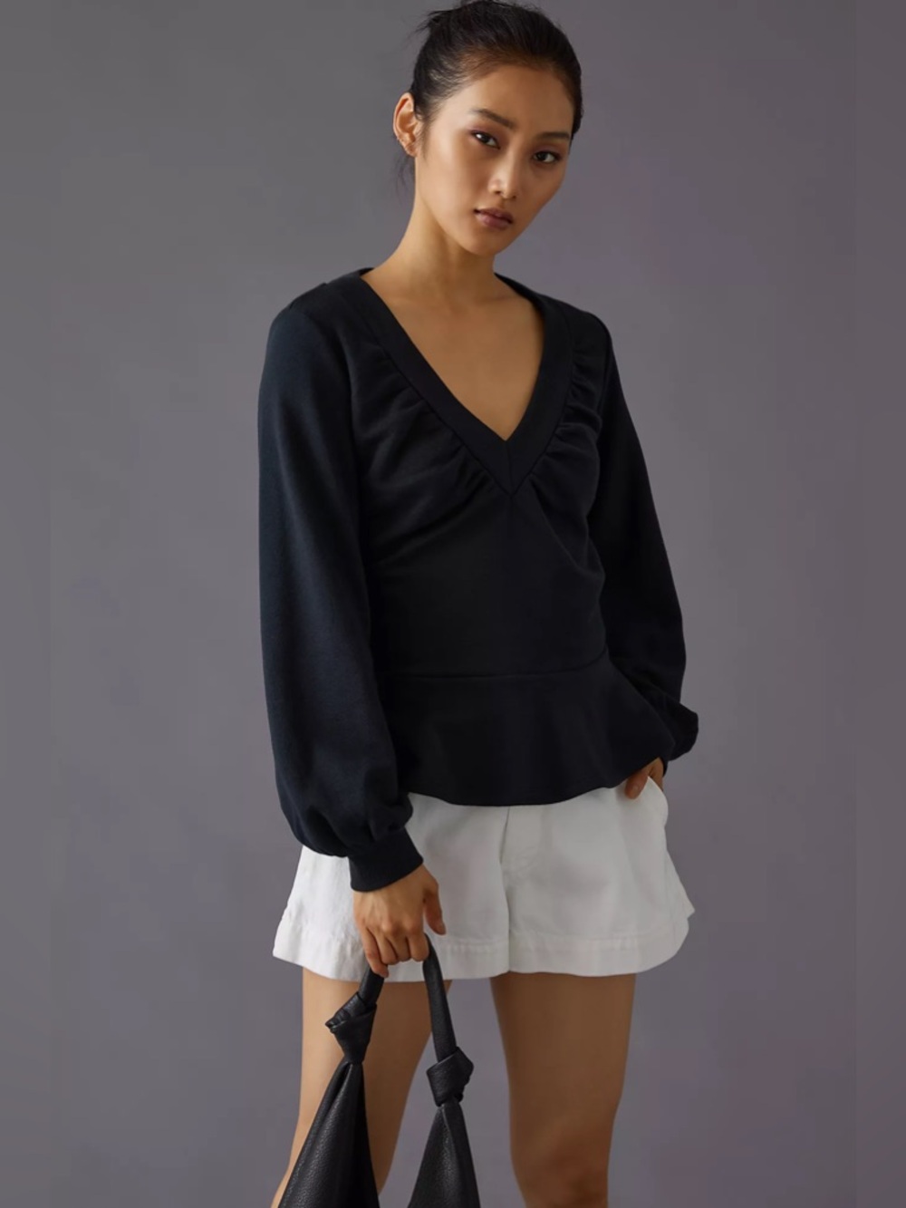 V-Neck Ruched Sweatshirt by Maeve for Anthropologie XL Black